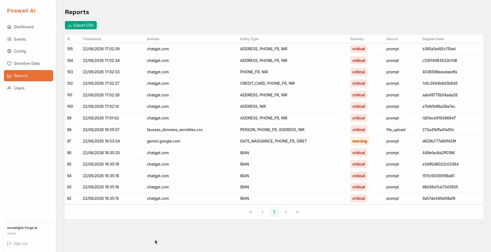 Page d'export des rapports