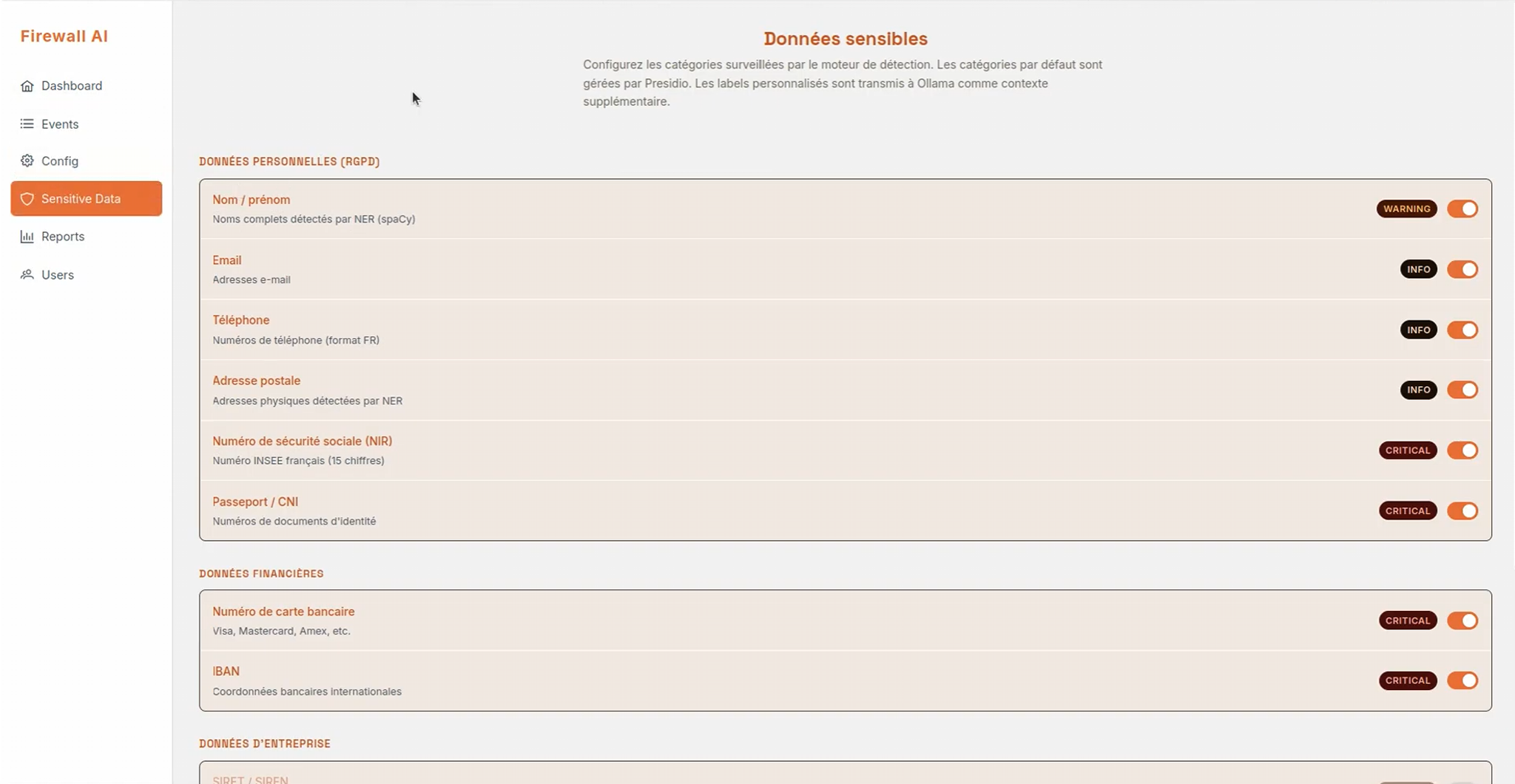 Configuration des données sensibles